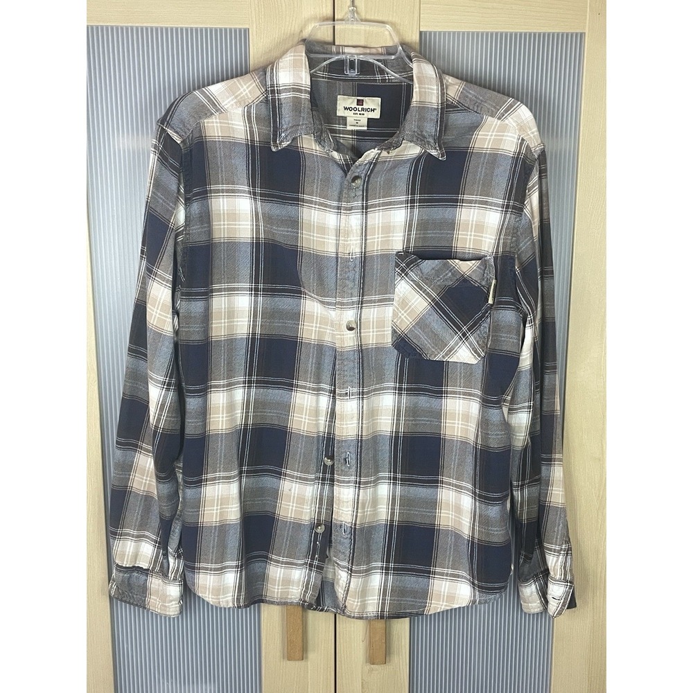 Woolrich Mens Sz M Blue Tan Plaid Cotton Flannel Button Down Shirt Western